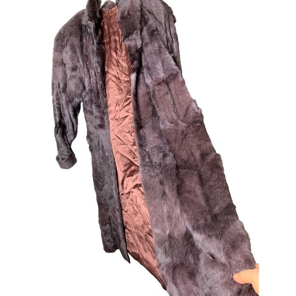 80s VTG JKI Full Length Genuine Fur Coat Rabbit Brown Purple Large Rustic 6754 - Picture 8 of 16
